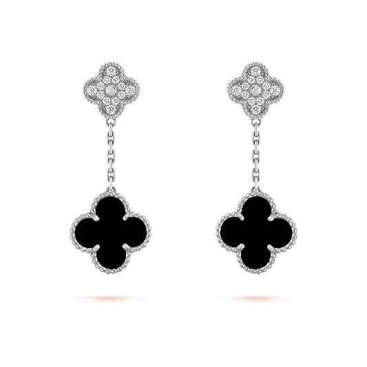 [Eterna Jewels]CLOVER 2 MOTIFS  DIAMOND ONYX EARRINGS SILVER